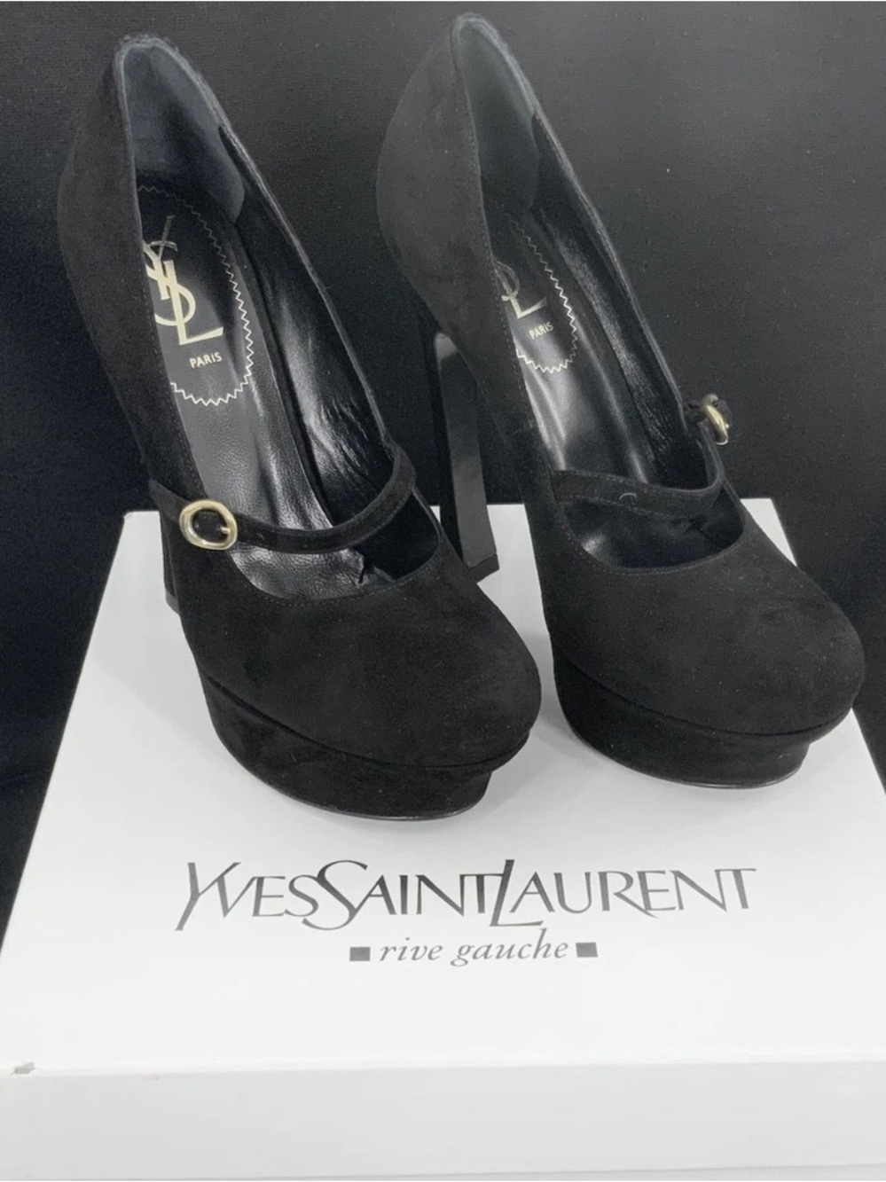 YVES SAINT LAURENT  Black Suede Mary Jane Platform Pumps EU 37